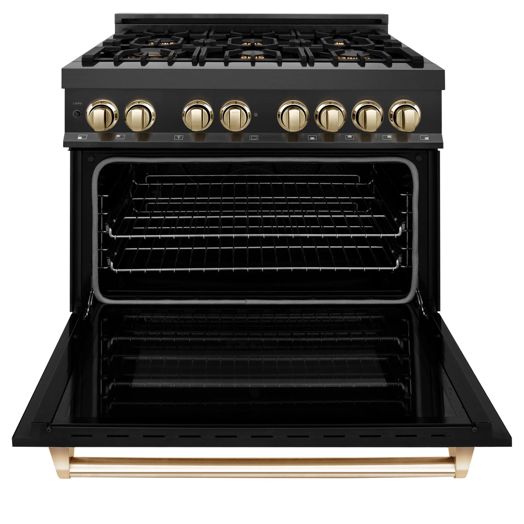 ZLINE Autograph Package - 36 In. Dual Fuel Range, Range Hood, Dishwasher in Black Stainless Steel with Gold Accent, 3AKP-RABRHDWV36-G