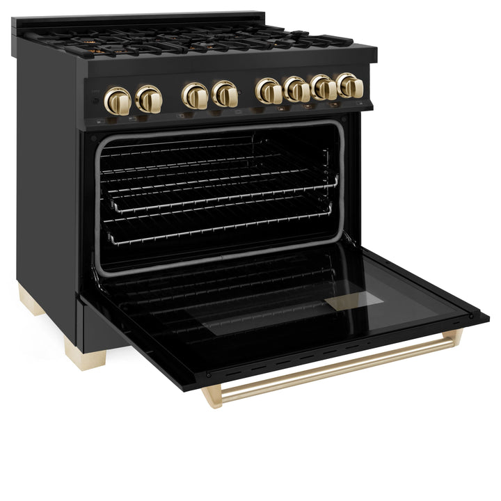 ZLINE Autograph Package - 36 In. Dual Fuel Range, Range Hood in Black Stainless Steel with Gold Accents, 2AKP-RABRH36-G