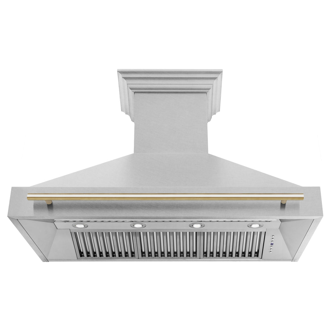 ZLINE Autograph 48 Inch DuraSnow® Stainless Steel Range Hood with DuraSnow® Shell and Gold Handle, 8654SNZ-48-G