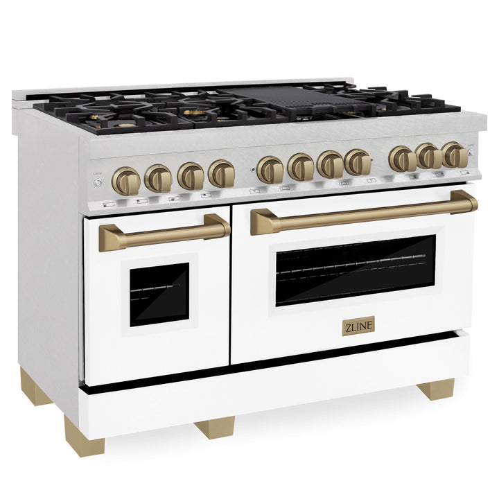 ZLINE Autograph Package - 48" Dual Fuel Range, Range Hood in DuraSnow® Stainless Steel, White Matte Door, Bronze Accents