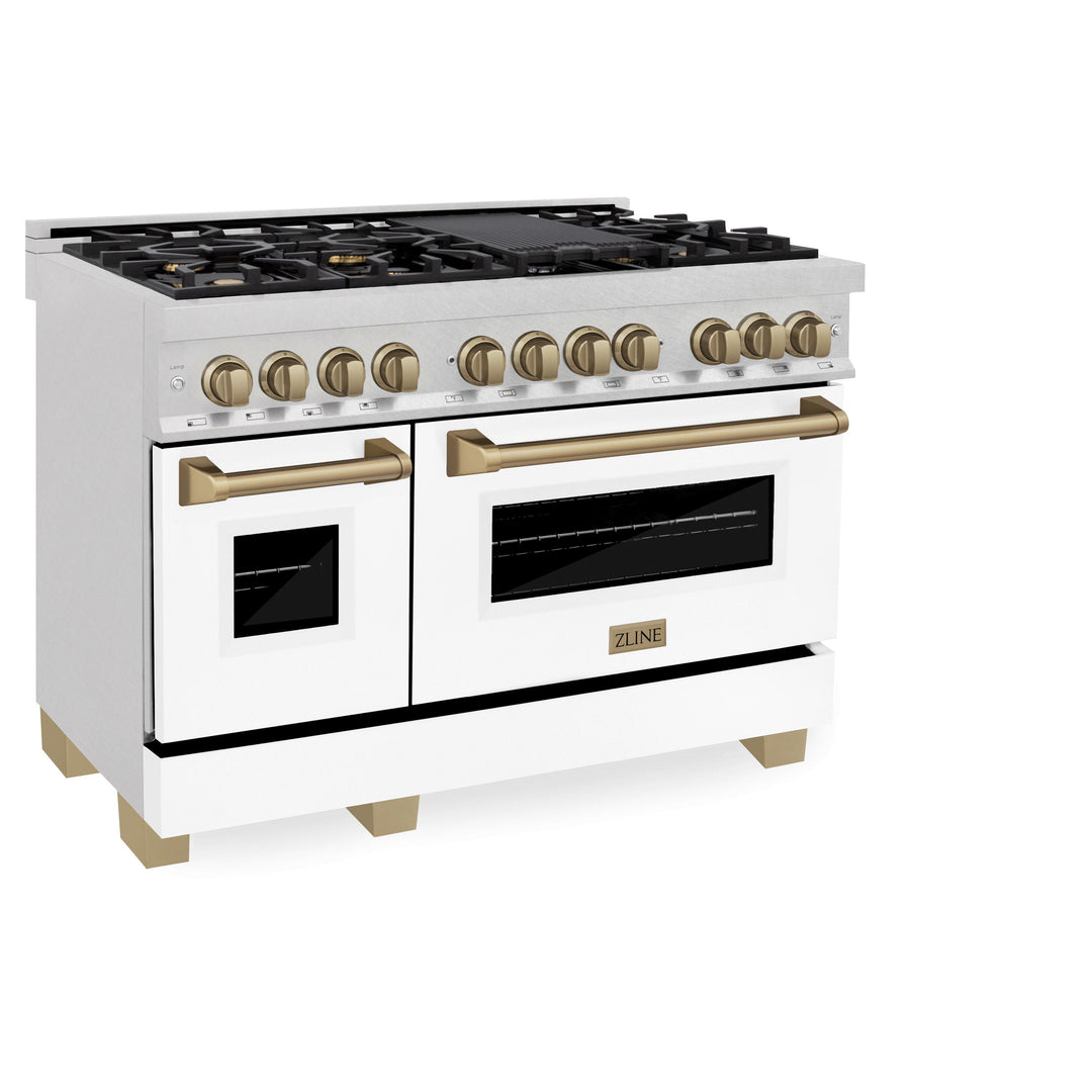 ZLINE Autograph 48 in. 6.0 cu. ft. Range, Gas Stove, Electric Oven in DuraSnow® with White Matte Door, Champagne Bronze Accents, RASZ-WM-48-CB