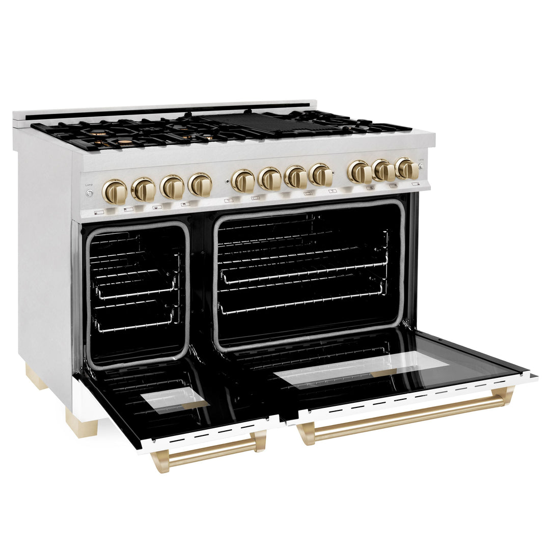 ZLINE Autograph Package - 48 In. Dual Fuel Range, Range Hood and Dishwasher with White Matte Door and Gold Accents, 3AKPR-RASWMRHDWM48-G