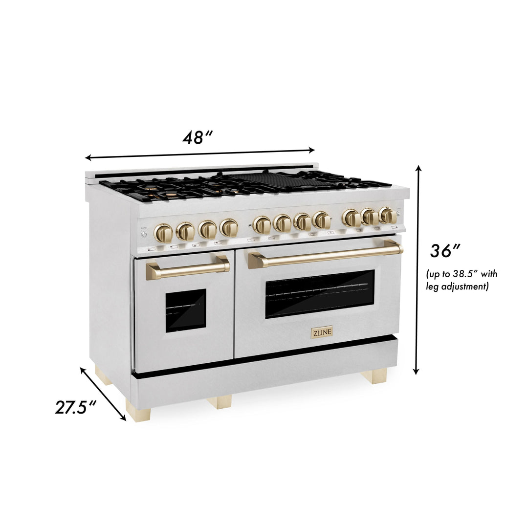 ZLINE Autograph 48 in. Gas Burner/Electric Oven in DuraSnow® Stainless Steel with Gold Accents, RASZ-SN-48-G