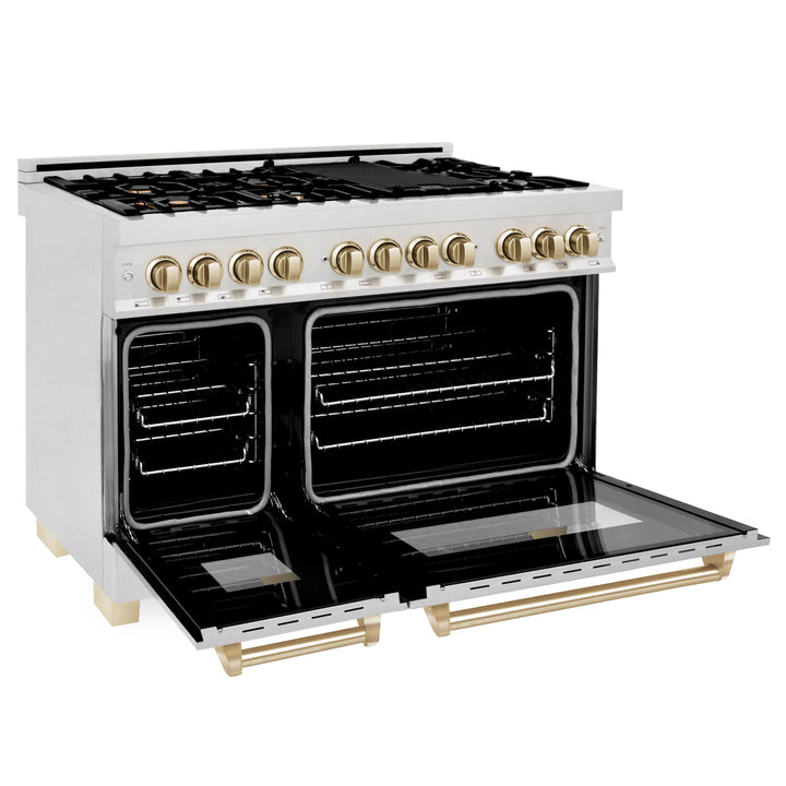 ZLINE Autograph 48 in. Gas Burner/Electric Oven in DuraSnow® Stainless Steel with Gold Accents, RASZ-SN-48-G