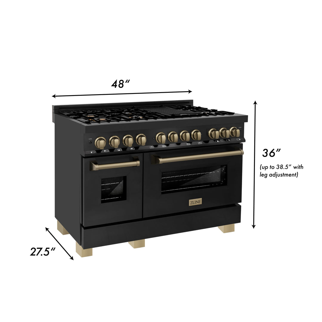 ZLINE Autograph Package - 48" Dual Fuel Range, Range Hood, Refrigerator, Dishwasher in Black Stainless, Bronze Accents