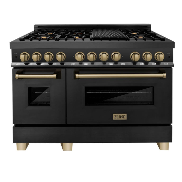 ZLINE Autograph Package - 48" Dual Fuel Range, Range Hood, Refrigerator, Microwave and Dishwasher in Black Stainless Steel with Bronze Accents