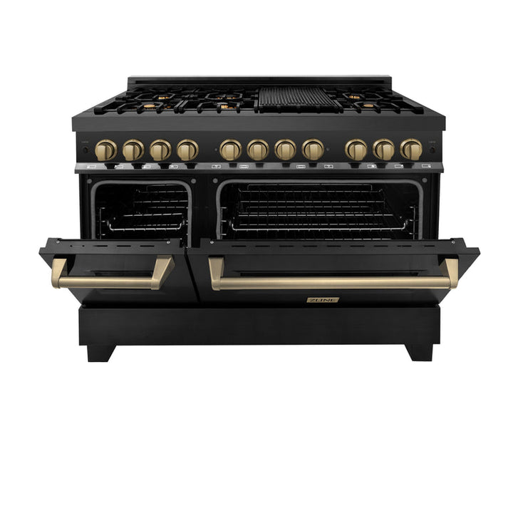 ZLINE Autograph Package - 48" Dual Fuel Range, Range Hood, Refrigerator, Microwave and Dishwasher in Black Stainless Steel with Bronze Accents