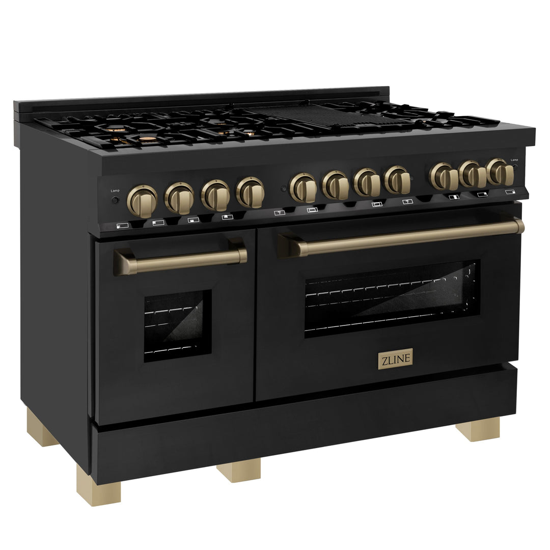 ZLINE Autograph Package - 48" Dual Fuel Range, Range Hood, Refrigerator, Dishwasher in Black Stainless, Bronze Accents