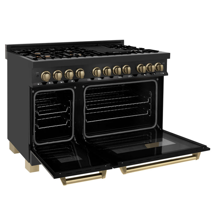 ZLINE Autograph Package - 48" Dual Fuel Range, Range Hood, Refrigerator, Dishwasher in Black Stainless, Bronze Accents