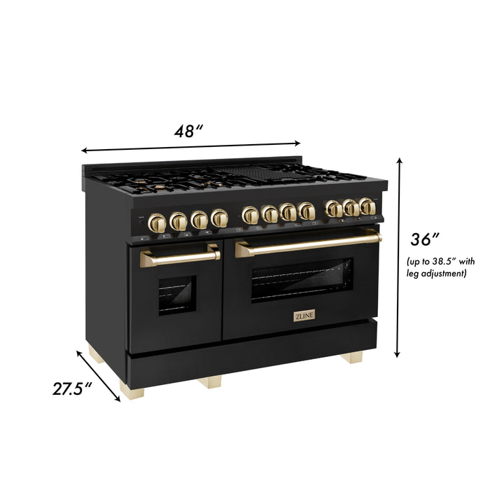 ZLINE Autograph Package - 48 In. Dual Fuel Range, Range Hood, Dishwasher in Black Stainless Steel with Gold Accent, 3AKP-RABRHDWV48-G