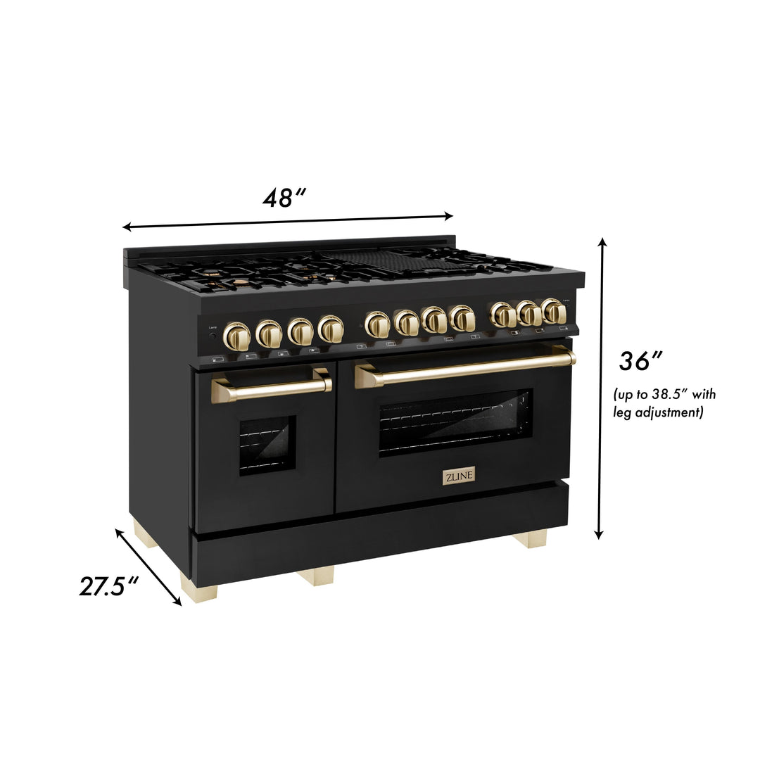 ZLINE Autograph Package - 48" Dual Fuel Range, Range Hood, Refrigerator, Dishwasher in Black Stainless with Gold Accents