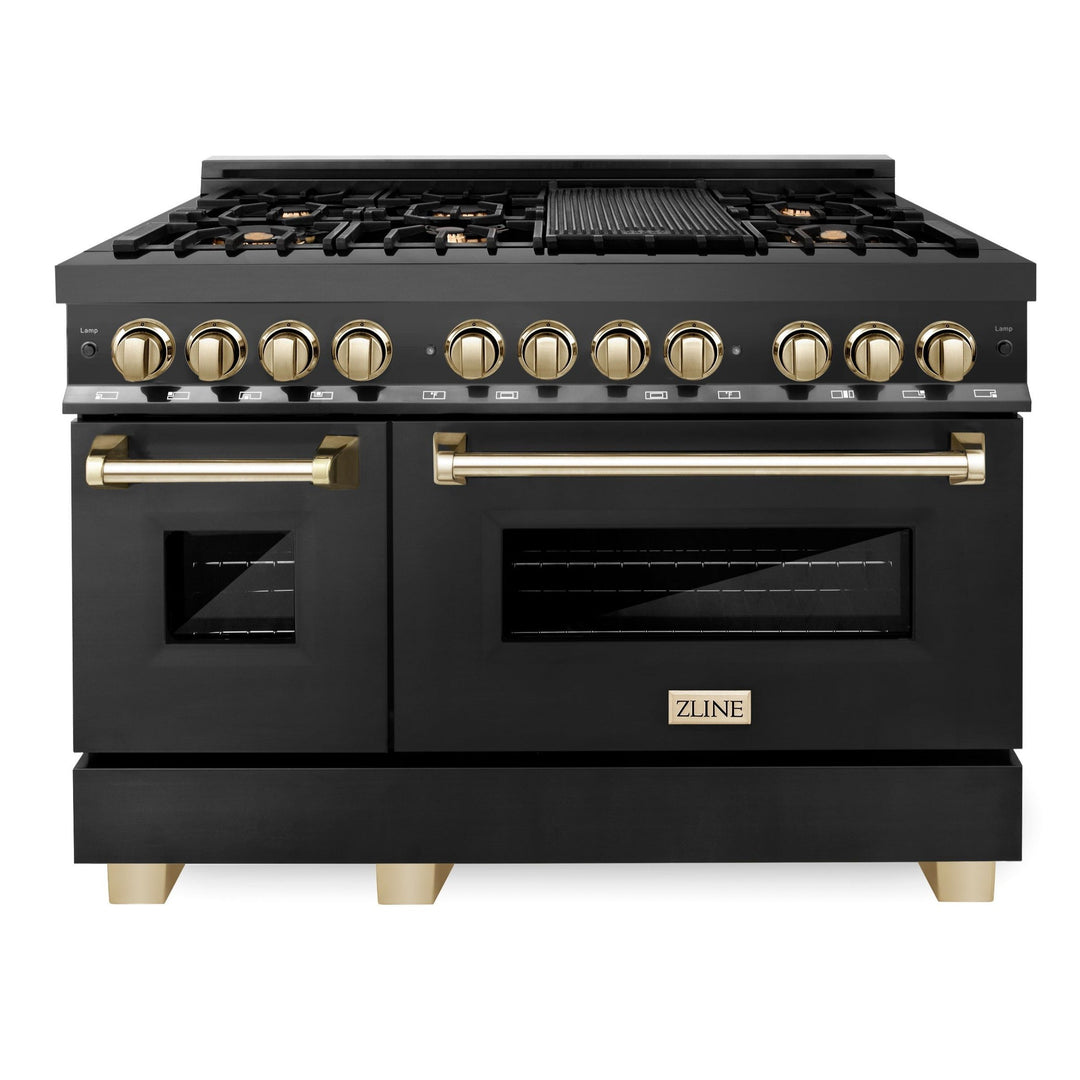 ZLINE Autograph Package - 48 In. Dual Fuel Range, Range Hood in Black Stainless Steel with Gold Accents, 2AKP-RABRH48-G