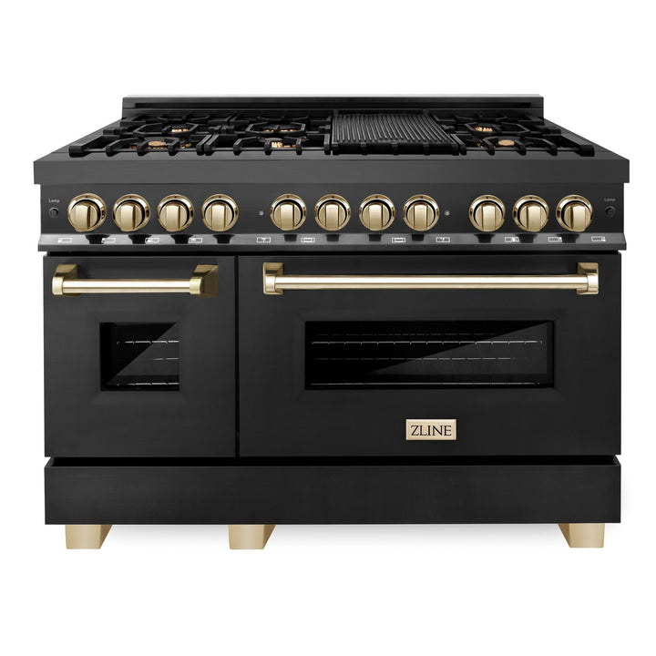 ZLINE Autograph Package - 48" Dual Fuel Range, Range Hood, Refrigerator, Microwave and Dishwasher in Black Stainless Steel with Gold Accents