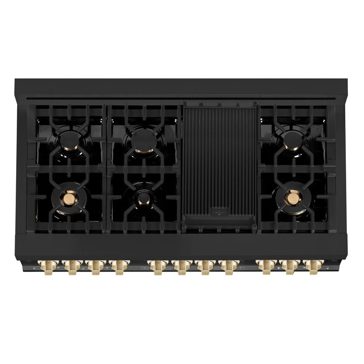 ZLINE Autograph Package - 48 In. Dual Fuel Range, Range Hood, Dishwasher in Black Stainless Steel with Gold Accent, 3AKP-RABRHDWV48-G