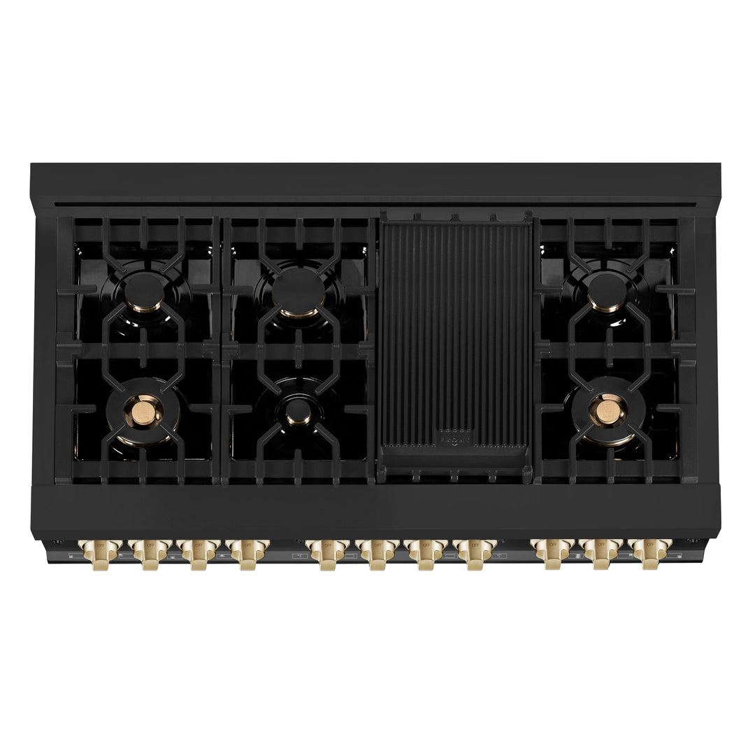 ZLINE Autograph Package - 48 In. Dual Fuel Range, Range Hood in Black Stainless Steel with Gold Accents, 2AKP-RABRH48-G