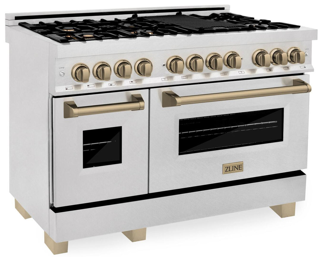 ZLINE Autograph Package - 48 In. Dual Fuel Range and Range Hood in DuraSnow® Stainless Steel with Champagne Bronze Accents, 2AKPR-RASRH48-CB