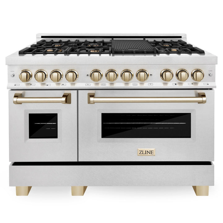 ZLINE Autograph Package - 48 In. Dual Fuel Range and Range Hood in DuraSnow® Stainless Steel with Gold Accents, 2AKPR-RASRH48-G