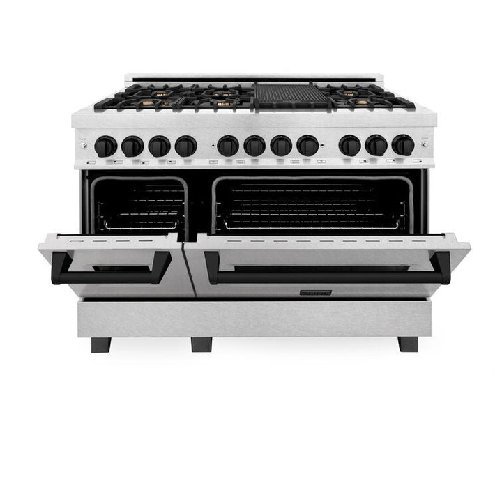 ZLINE Autograph Package - 48 In. Dual Fuel Range and Range Hood in DuraSnow® Stainless Steel with Matte Black Accents, 2AKPR-RASRH48-MB