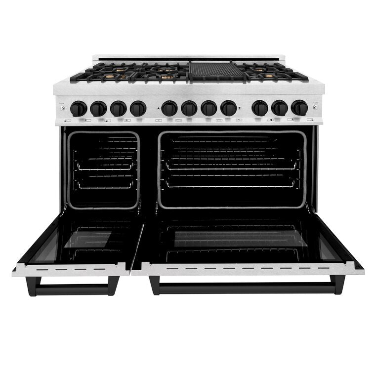 ZLINE Autograph Package - 48 In. Dual Fuel Range and Range Hood in DuraSnow® Stainless Steel with Matte Black Accents, 2AKPR-RASRH48-MB