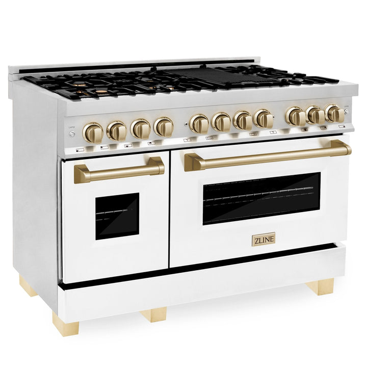 ZLINE Autograph Package - 48 In. Dual Fuel Range with Gold Accent, Range Hood, Dishwasher in White Matte, 3AKP-RAWMRHDWM48-G