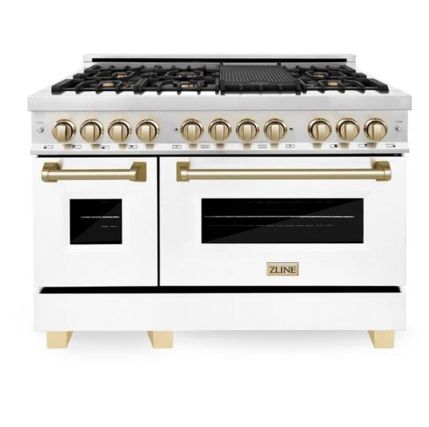 ZLINE Autograph Package - 48 In. Dual Fuel Range with Gold Accent, Range Hood, Dishwasher in White Matte, 3AKP-RAWMRHDWM48-G