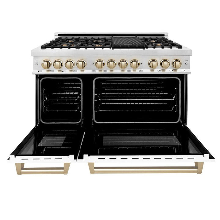 ZLINE Autograph Package - 48" Dual Fuel Range, Hood, Refrigerator with Water and Ice Dispenser, Dishwasher - Gold Accents