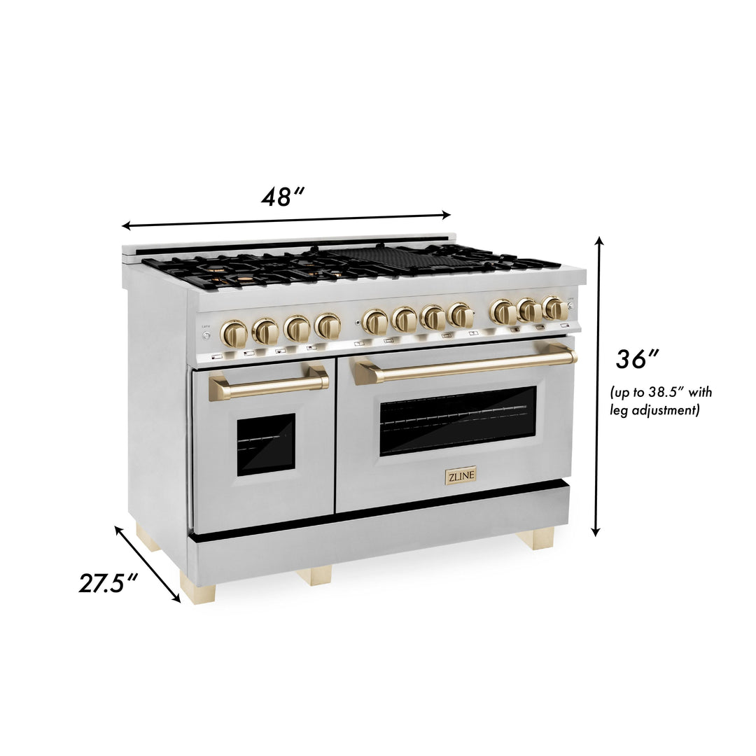 ZLINE Autograph Package - 48 In. Dual Fuel Range with Gold Accent, Range Hood, Dishwasher in Stainless Steel, 3AKP-RARHDWM48-G