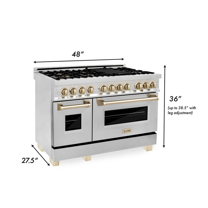 ZLINE Autograph Package - 48 In. Dual Fuel Range, Range Hood in Stainless Steel with Gold Accents, 2AKP-RARH48-G