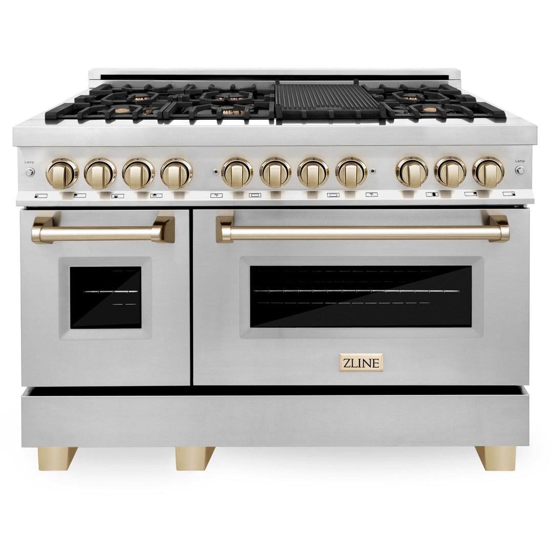 ZLINE Autograph Package - 48" Dual Fuel Range, Range Hood, Refrigerator,  Microwave and Dishwasher in Stainless Steel with Gold Accents