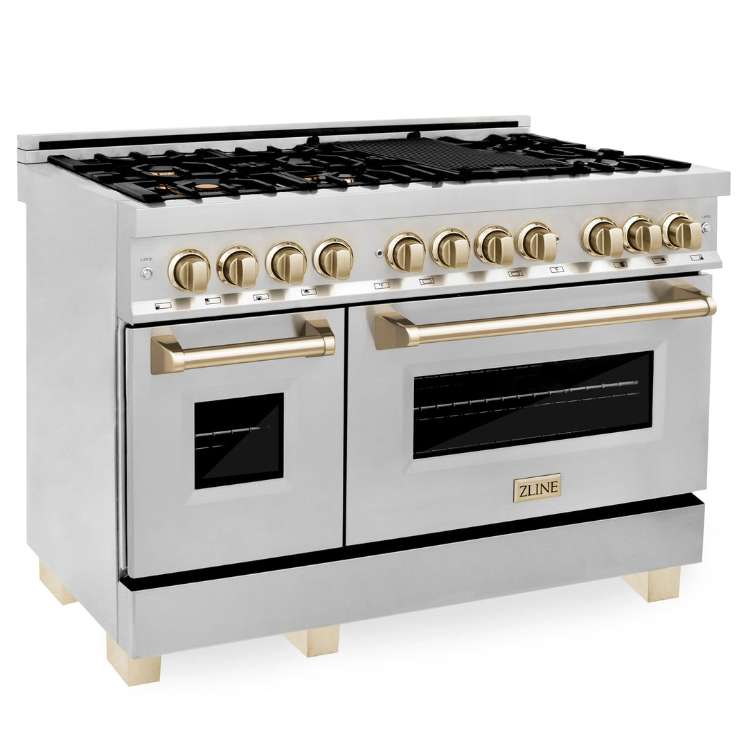 ZLINE Autograph Package - 48 In. Dual Fuel Range, Range Hood, Refrigerator, and Dishwasher in Stainless Steel with Gold Accents, 4KAPR-RARHDWM48-G