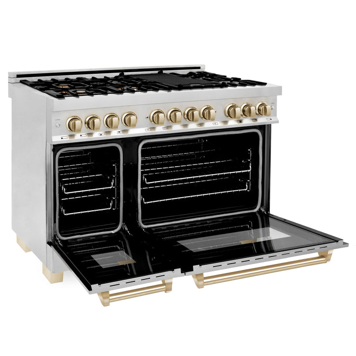 ZLINE Autograph Package - 48 In. Dual Fuel Range, Range Hood, Refrigerator, and Dishwasher in Stainless Steel with Gold Accents, 4KAPR-RARHDWM48-G