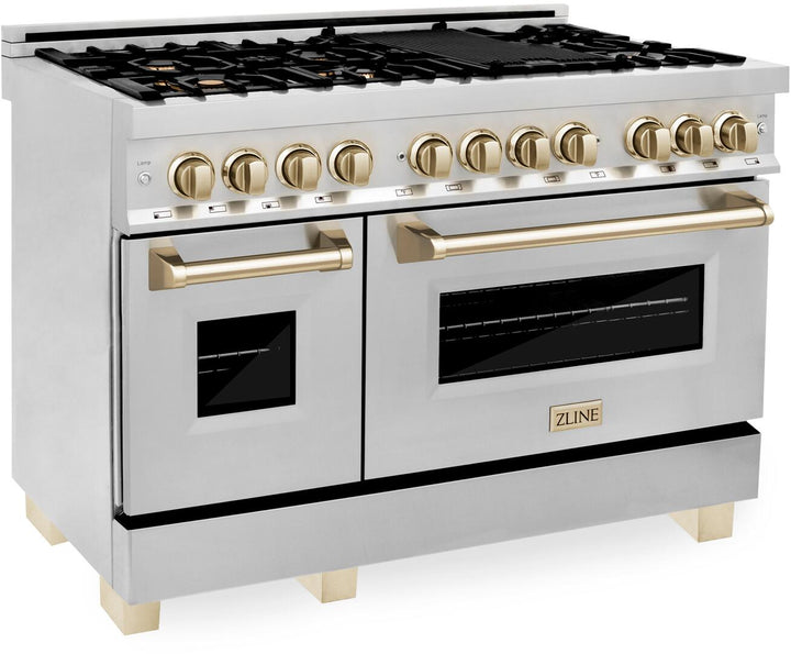 ZLINE Autograph Package - 48" Dual Fuel Range, Range Hood, Refrigerator, Microwave and Dishwasher in Stainless Steel with Bronze Accents