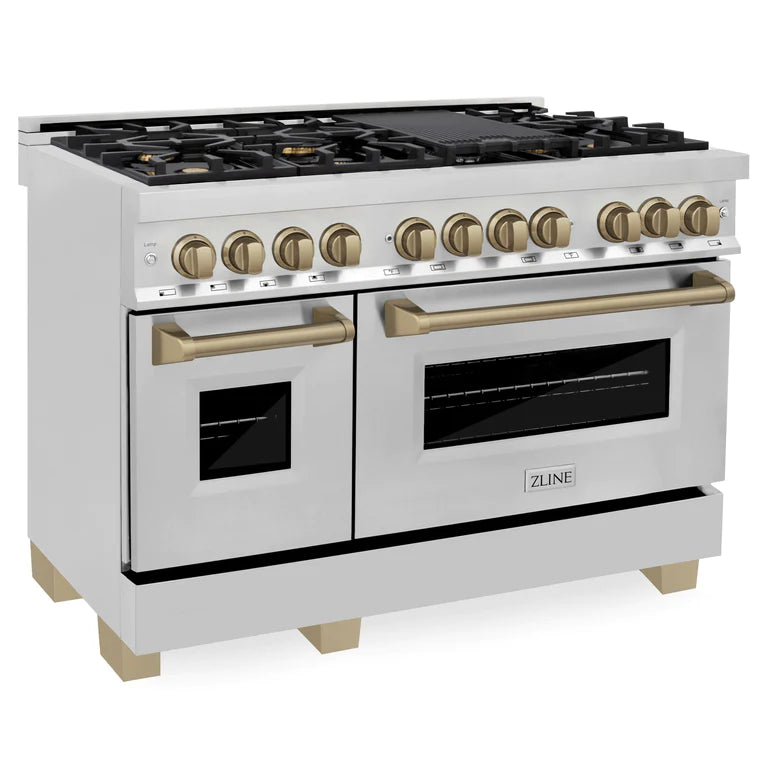 ZLINE Autograph Package - 48" Dual Fuel Range, Range Hood, Refrigerator with Water and Ice Dispenser, Microwave and Dishwasher in Stainless Steel with Bronze Accents