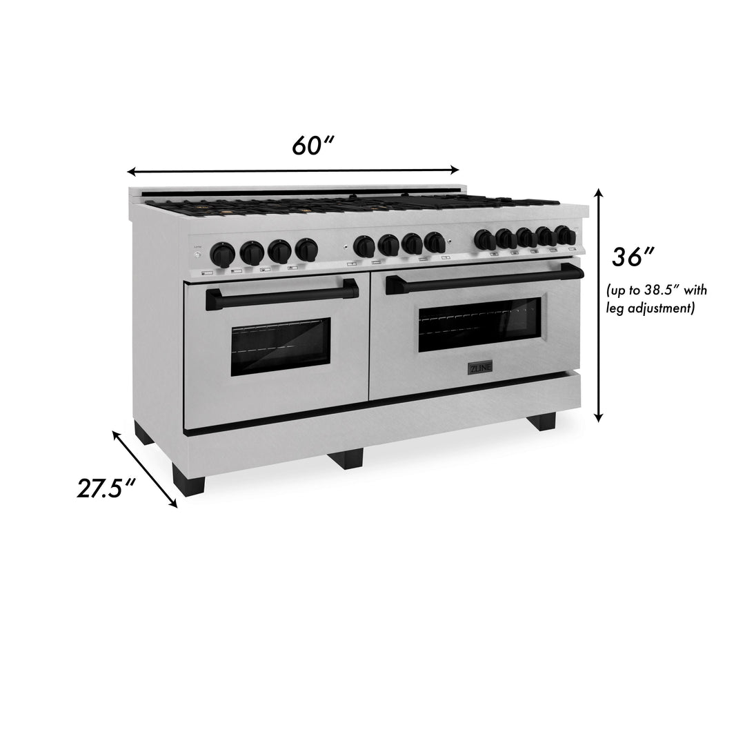 ZLINE Autograph 60 In. 7.4 cu. ft. Dual Fuel Range in DuraSnow® Stainless Steel with Matte Black Accents, RASZ-SN-60-MB