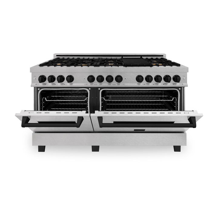 ZLINE Autograph 60 In. 7.4 cu. ft. Dual Fuel Range in DuraSnow® Stainless Steel with Matte Black Accents, RASZ-SN-60-MB