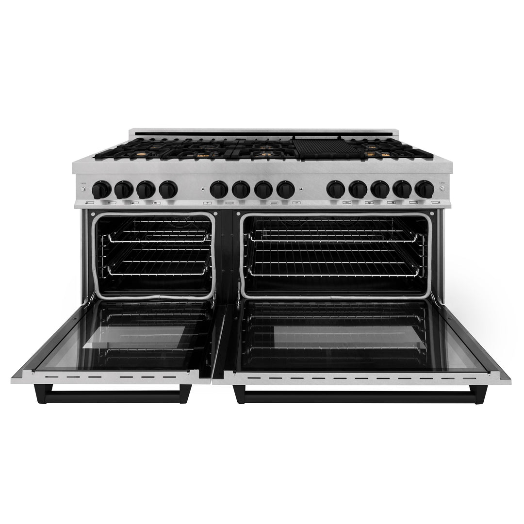 ZLINE Autograph 60 In. 7.4 cu. ft. Dual Fuel Range in DuraSnow® Stainless Steel with Matte Black Accents, RASZ-SN-60-MB