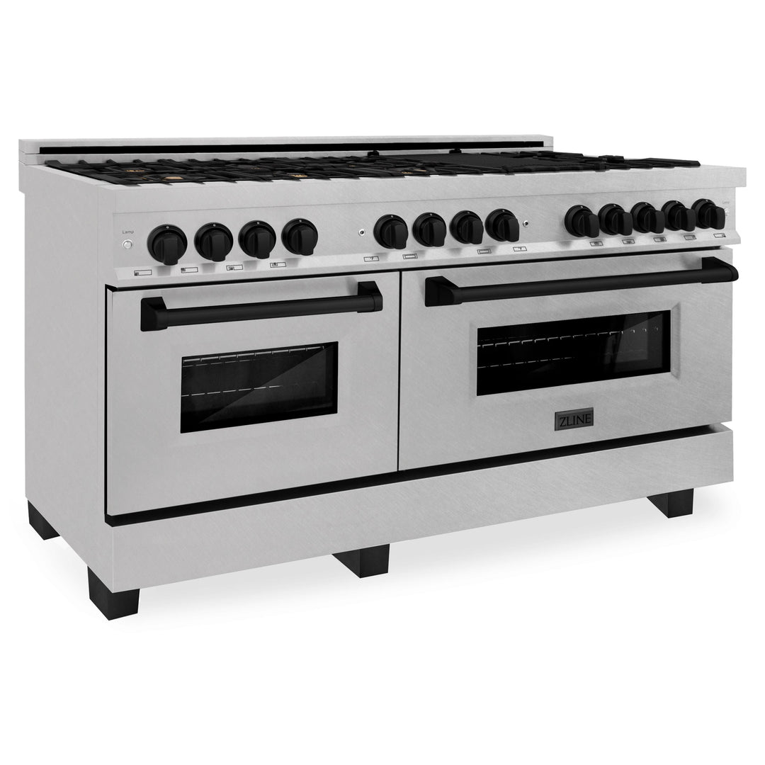 ZLINE Autograph 60 In. 7.4 cu. ft. Dual Fuel Range in DuraSnow® Stainless Steel with Matte Black Accents, RASZ-SN-60-MB