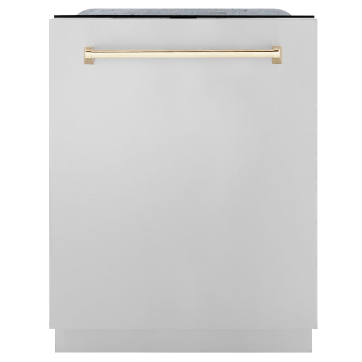 ZLINE Autograph Package - 30 In. Gas Range, Range Hood, Dishwasher in Stainless Steel with Gold Accents, 3AKP-RGRHDWM30-G