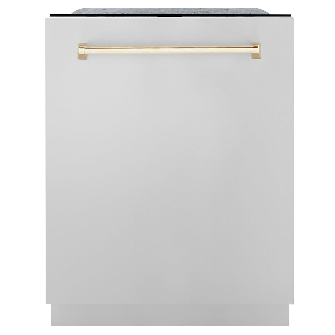 ZLINE Autograph Package - 48" Dual Fuel Range, Range Hood, Dishwasher, Refrigerator with Water & Ice Dispenser with Gold Accents