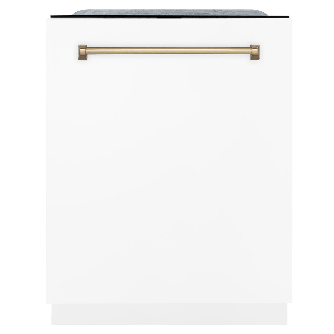 ZLINE Autograph Package - 30" Dual Fuel Range, Range Hood, Dishwasher with White Matte, Bronze Accents