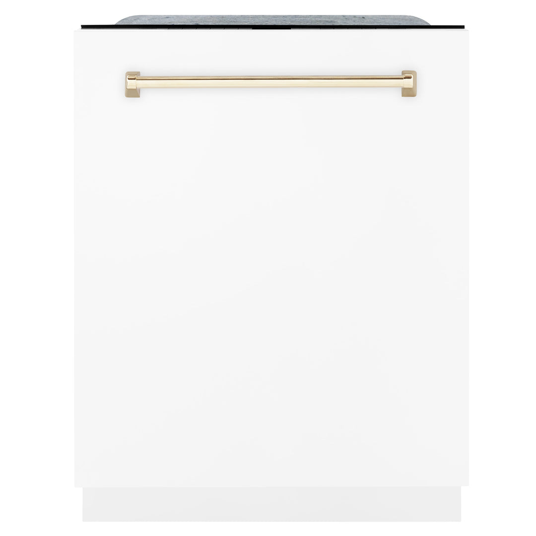 ZLINE Autograph Package - 48 In. Gas Range, Range Hood, and Dishwasher with White Matte Door and Gold Accents, 3AKPR-RGWMRH48-G