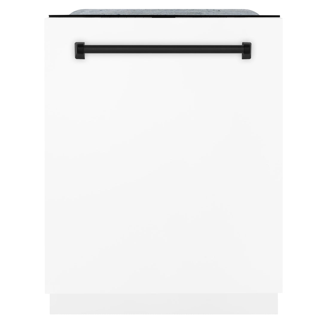 ZLINE Autograph Package - 36 In. Gas Range, Range Hood, Dishwasher in White Matte with Matte Black Accents, 3AKP-RGWMRHDWM36-MB