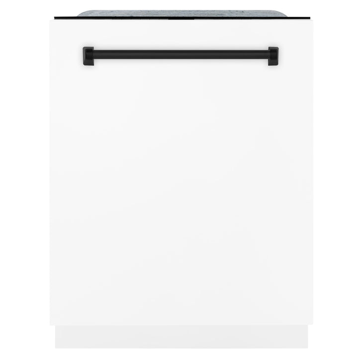 ZLINE Autograph Package - 36 In. Gas Range, Range Hood, Dishwasher in White Matte with Matte Black Accents, 3AKP-RGWMRHDWM36-MB