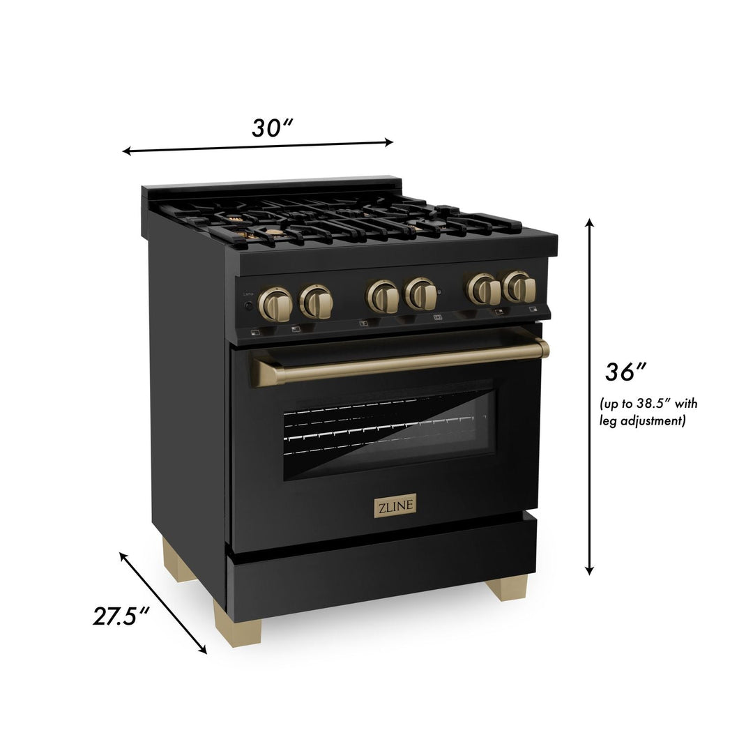 ZLINE Autograph Package - 30 In. Dual Fuel Range, Range Hood, Dishwasher in Black Stainless Steel with Champagne Bronze, 3AKP-RABRHDWV30-CB