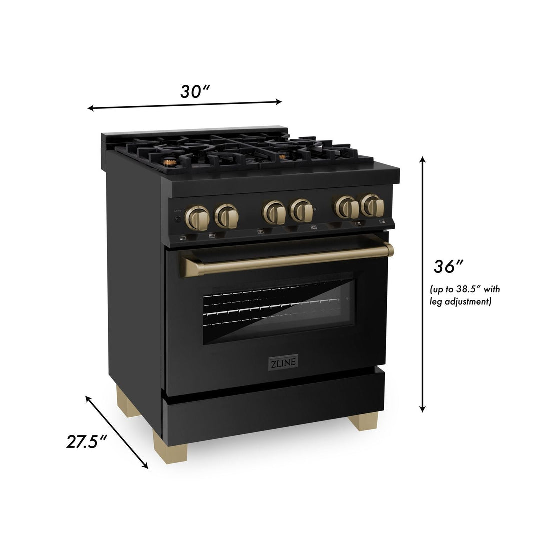 ZLINE Autograph Package - 30 In. Dual Fuel Range, Range Hood in Black Stainless Steel with Champagne Bronze Accents, 2AKP-RABRH30-CB