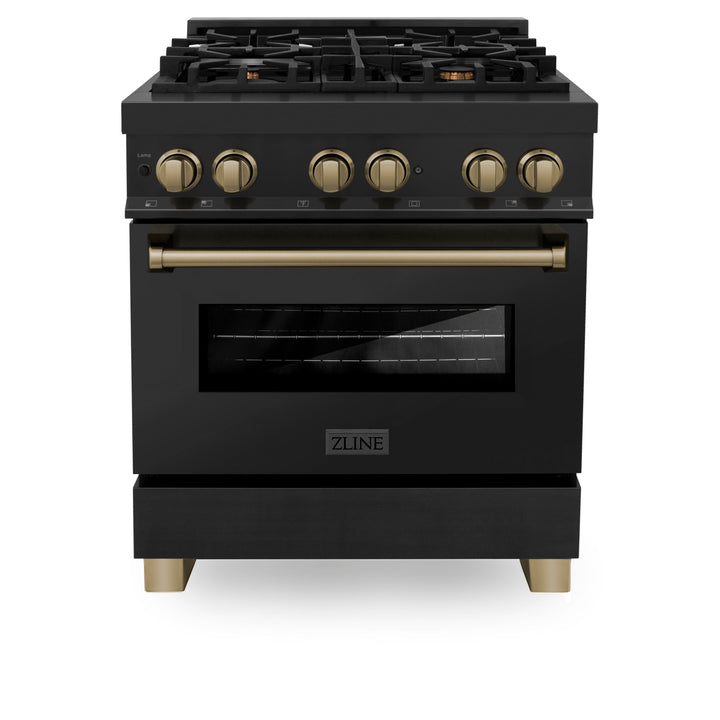 ZLINE Autograph Package - 30 In. Dual Fuel Range, Range Hood in Black Stainless Steel with Champagne Bronze Accents, 2AKP-RABRH30-CB