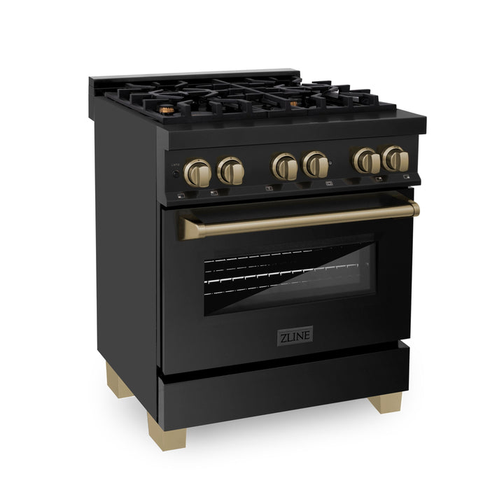 ZLINE Autograph Package - 30 In. Dual Fuel Range, Range Hood in Black Stainless Steel with Champagne Bronze Accents, 2AKP-RABRH30-CB