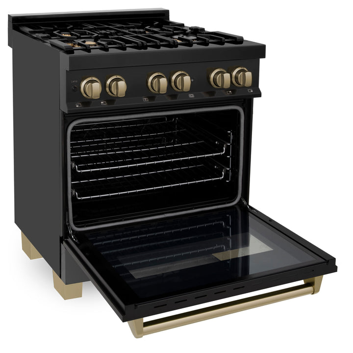 ZLINE Autograph Package - 30 In. Dual Fuel Range, Range Hood, Dishwasher in Black Stainless Steel with Champagne Bronze, 3AKP-RABRHDWV30-CB