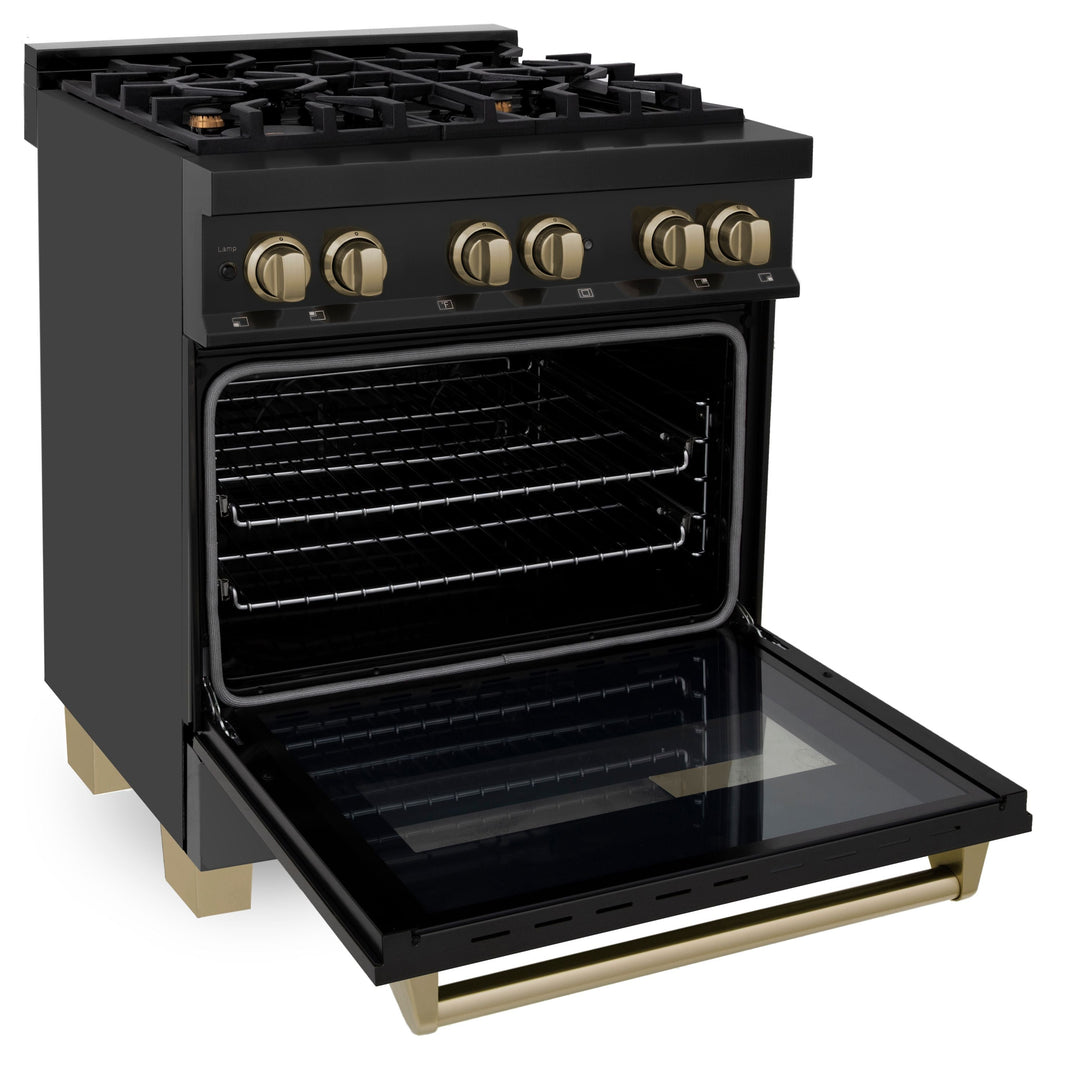 ZLINE Autograph Package - 30" Dual Fuel Range, Range Hood, Refrigerator, Dishwasher in Black with Bronze Accents