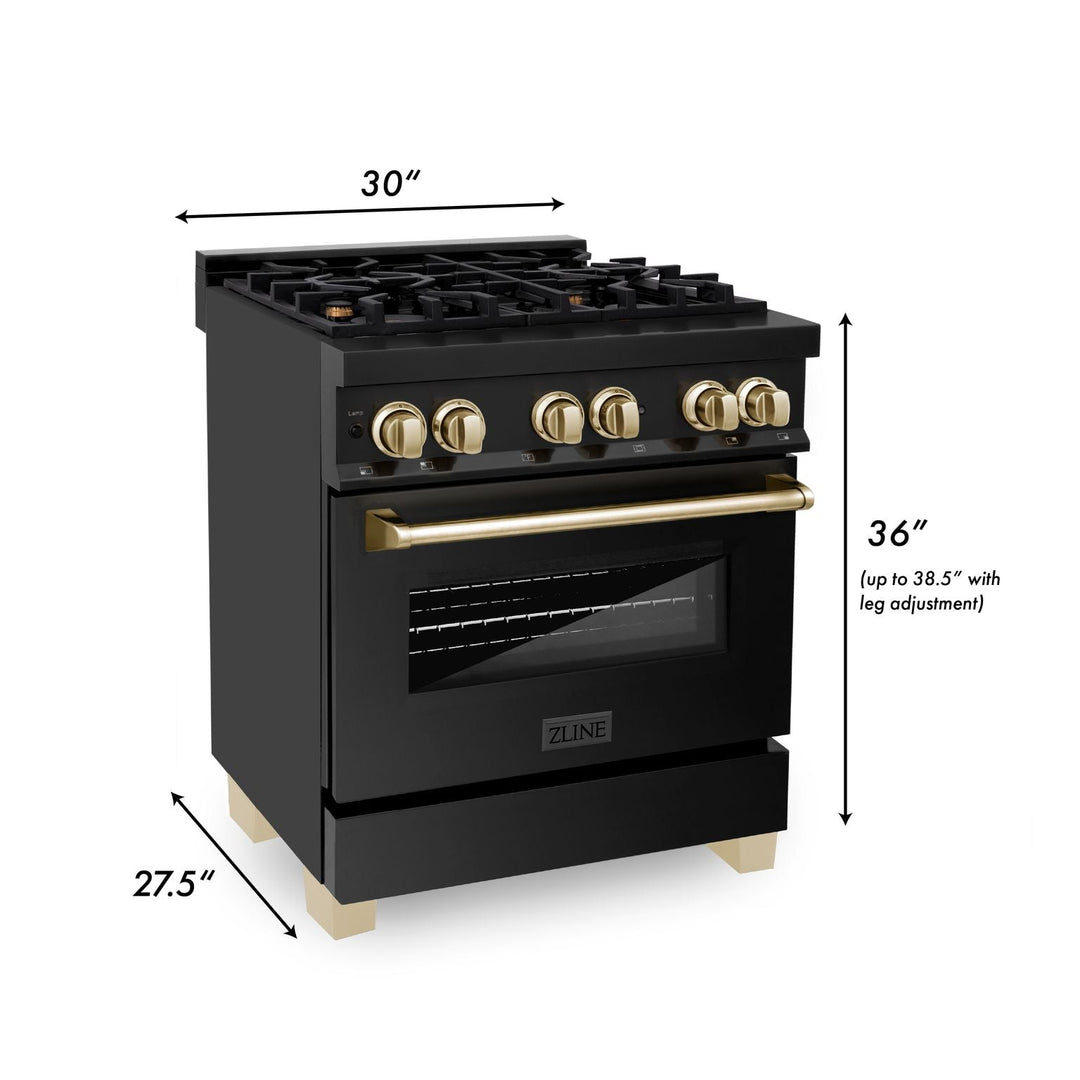 ZLINE Autograph Package - 30" Dual Fuel Range, Range Hood, Refrigerator, Dishwasher in Black Stainless with Gold Accents